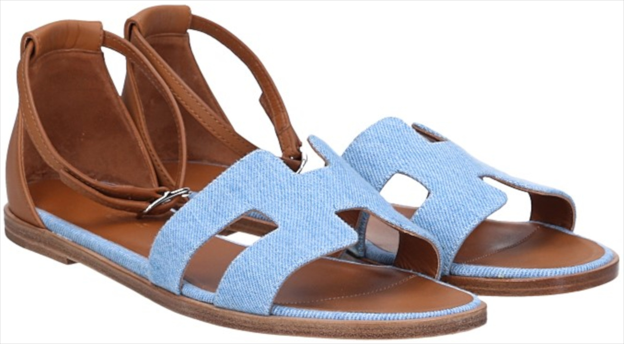 HERMÈS SANDALE 'SANTORINI' AUS KALBSLEDER IN BLEU CLAIR/NATUREL IN GR. 38,5