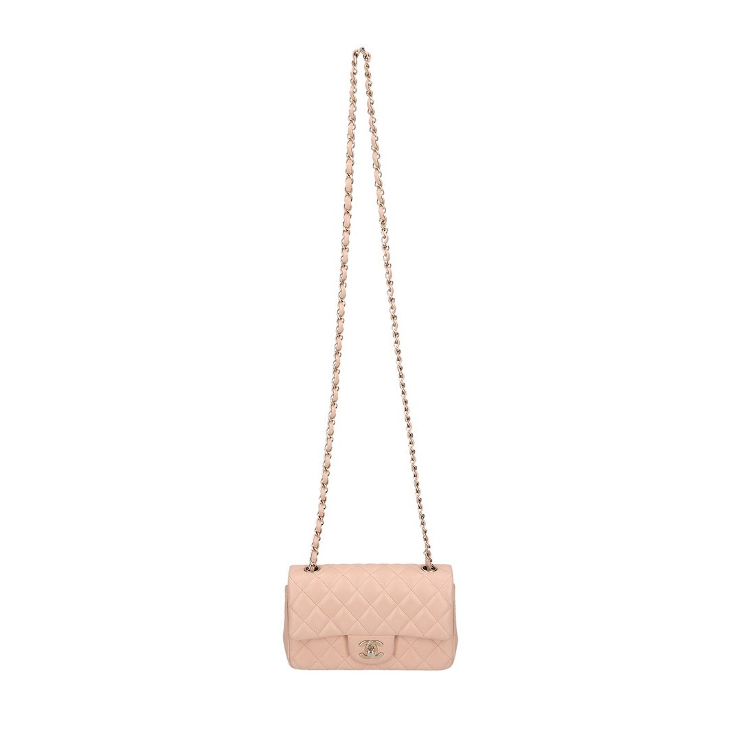 CHANEL TIMELESS SINGLE FLAP HANDTASCHE (NEW MINI) AUS LAMMLEDER IN BEIGE MIT GHW (A69900)