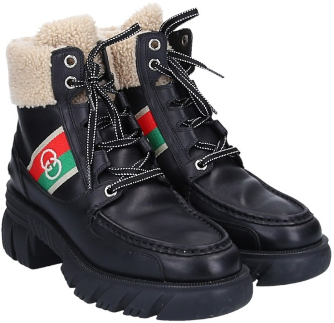 GUCCI GEFÜTTERTE SCHNÜR-BOOTS STIEFELETTE AUS LEDER IN SCHWARZ GR. 41