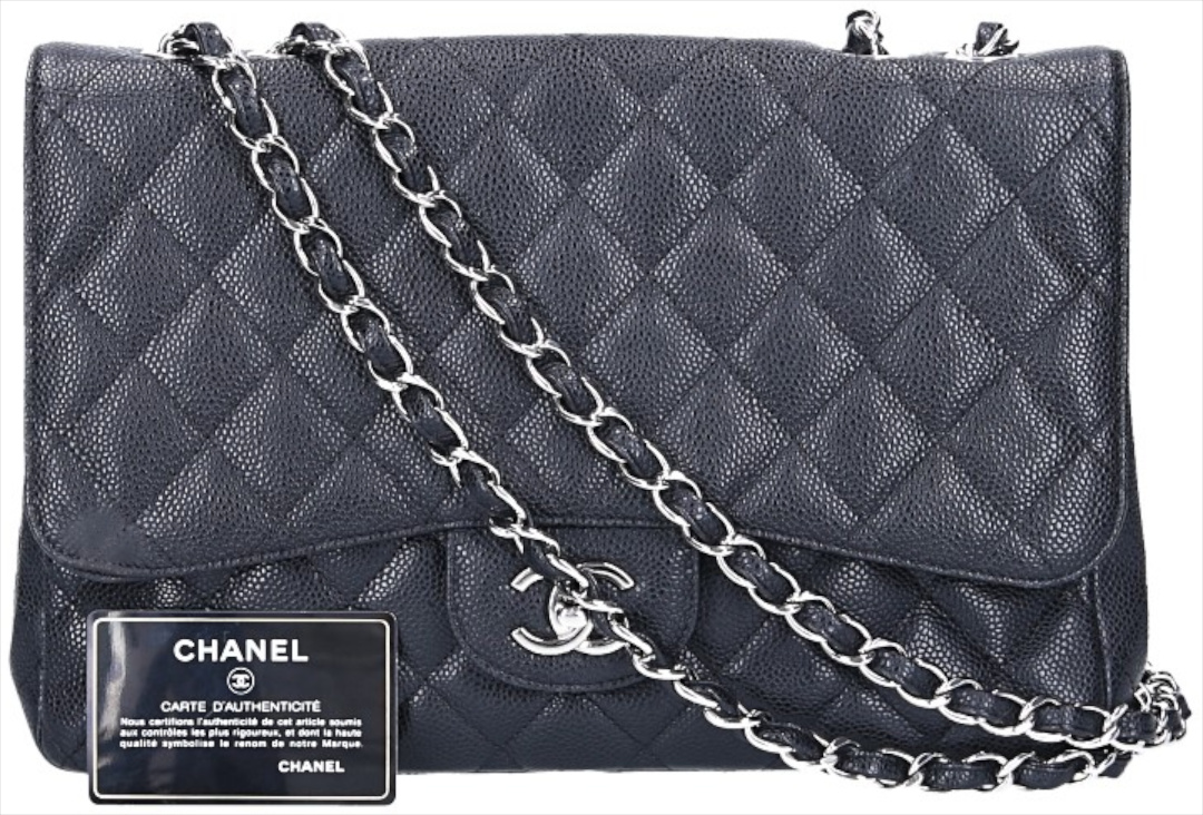 CHANEL TIMELESS SINGLE FLAP HANDTASCHE (JUMBO) AUS GENARBTEM KALBSLEDER IN SCHWARZ MIT SHW
