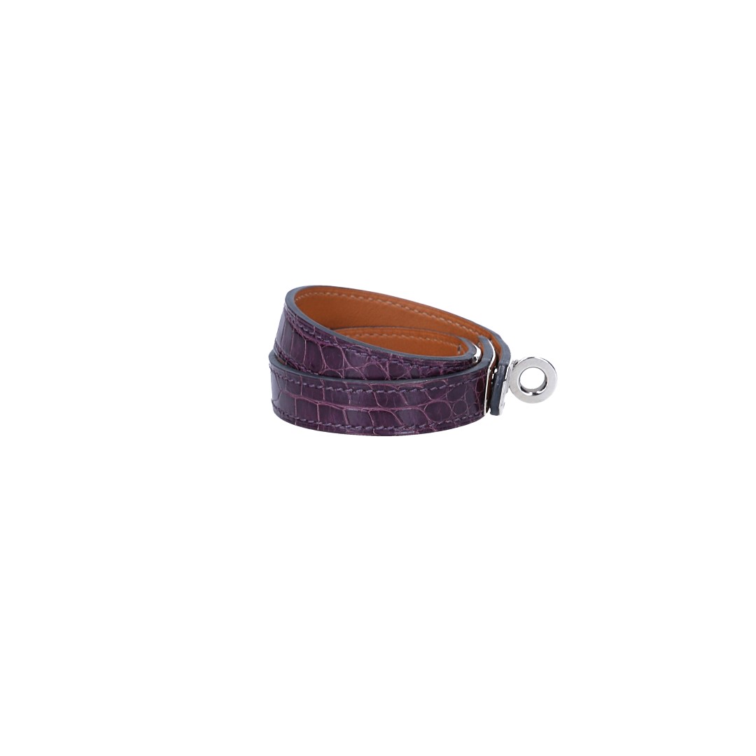 HERMÈS ARMBAND 'KELLY DOUBLE TOUR' AUS ALLIGATOR MISSISSIPPIENSIS LEDER IN AMETYST MIT PHW GR. T2/S