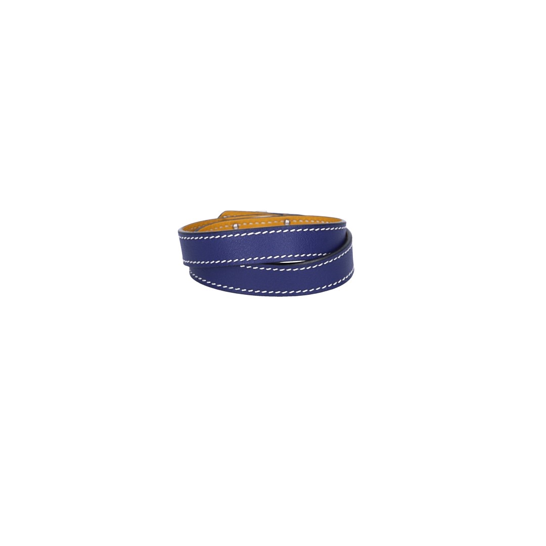 HERMÈS ARMBAND 'KELLY DOUBLE TOUR' AUS SWIFT-KALBSLEDER IN BLEU ENCRE/AMBRE MIT PHW GR. T3/M