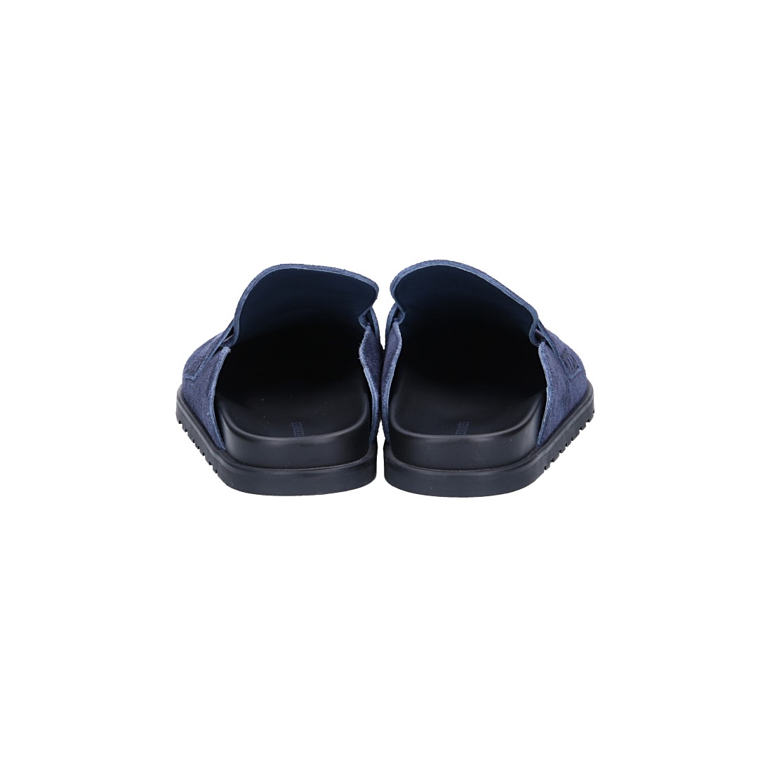 HERMÈS PANTOLETTEN SCHUHE 'GO' AUS VELOURSKALBSLEDER IN BLEU MARINE IN GR. 42,5