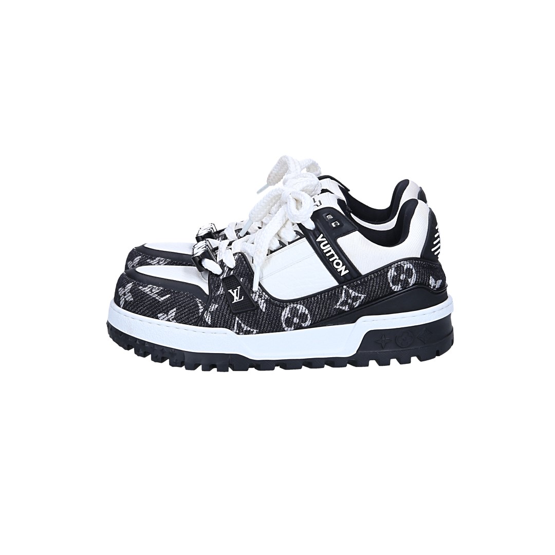 LOUIS VUITTON SNEAKER SCHUHE 'LV TRAINER MAXI' AUS KALBSLEDER UND MONOGRAM DENIM IN SCHWARZ GR. 40 (1AGZBP)