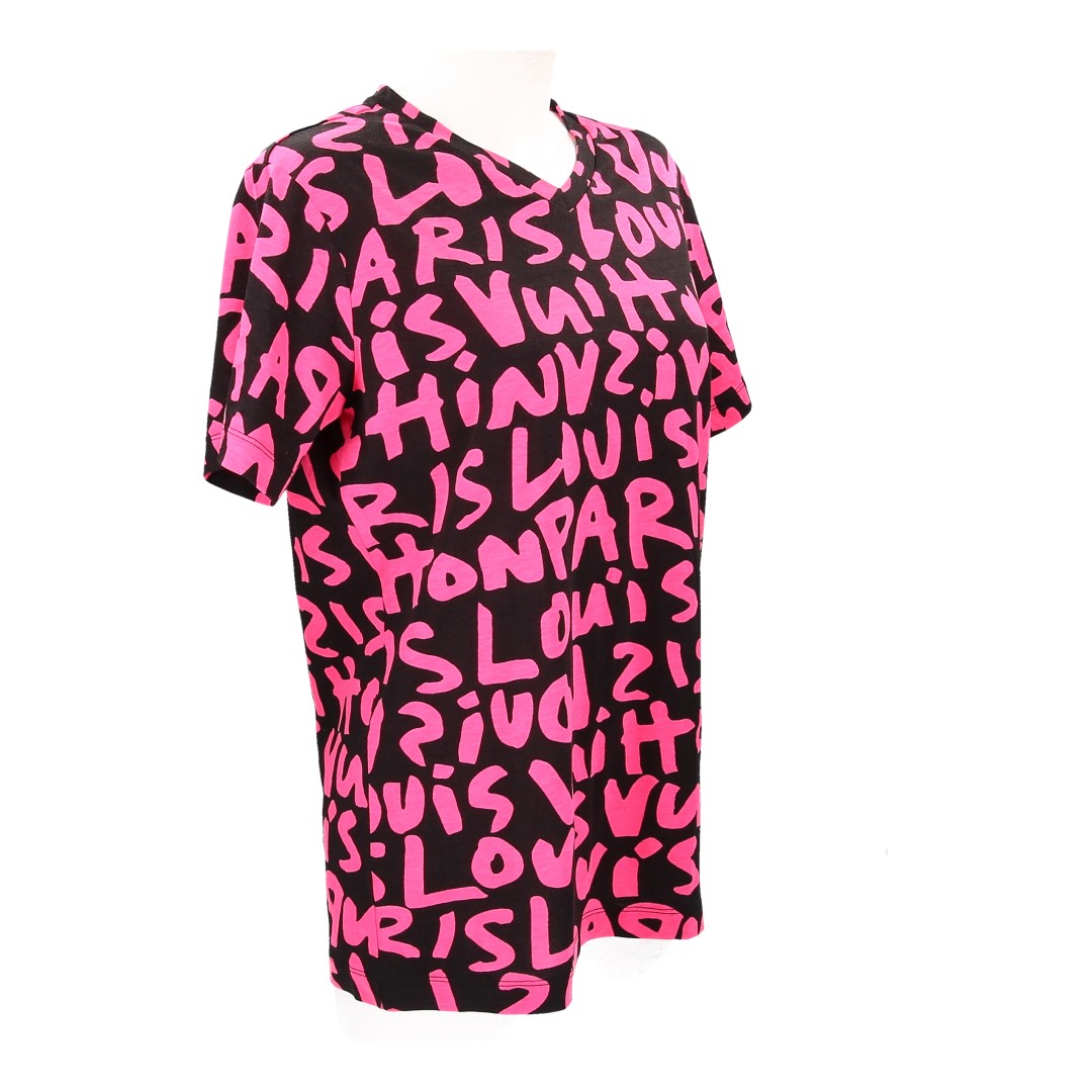 36250-Louis-Vuitton-T-Shirt_2D_0004 LOUIS VUITTON T-SHIRT MIT V-AUSSCHNITT AUS MODAL UND BAUMWOLLE IN SCHWARZ UND PINK