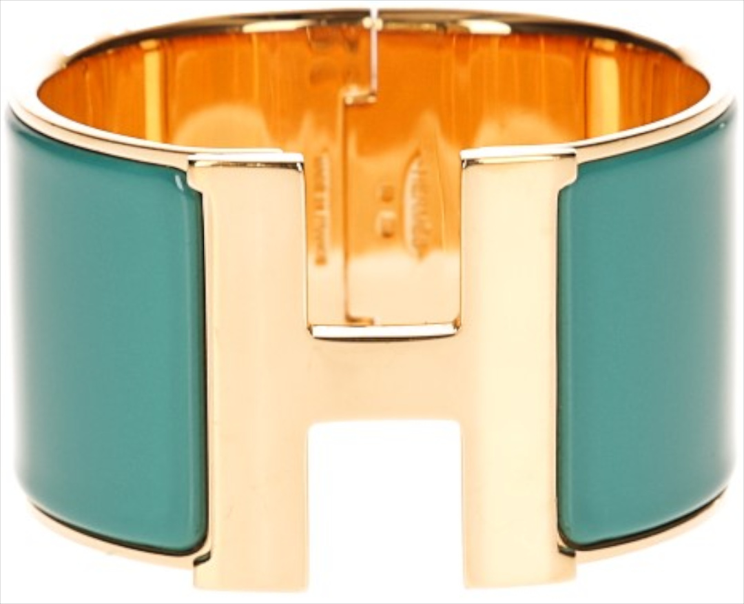 HERMÈS ARMREIF EXTRA BREIT 'CLIC CLAC H' AUS METALL UND EMAIL IN EMERAUDE MIT GHW GR. PM