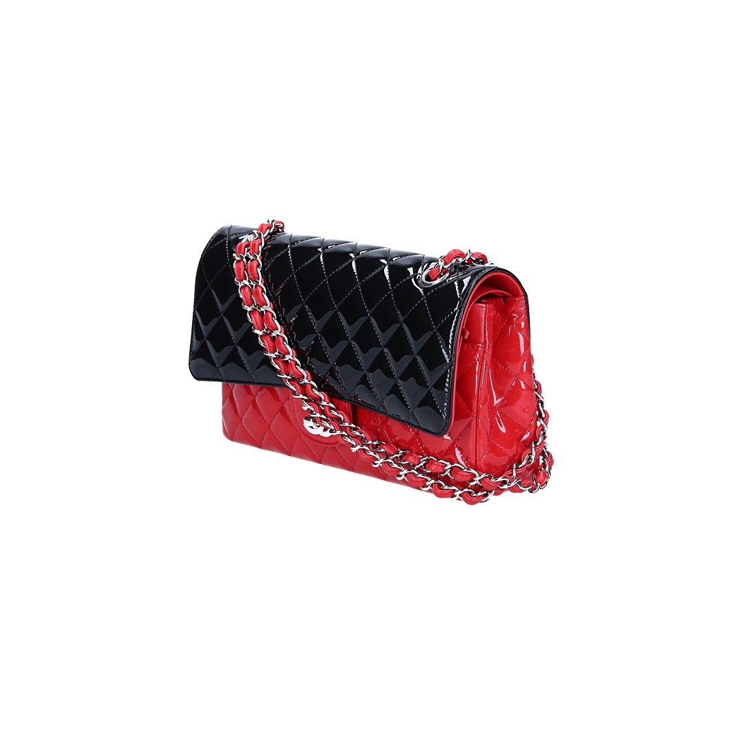 CHANEL TIMELESS DOUBLE FLAP HANDTASCHE (MEDIUM) AUS LACKLEDER IN SCHWARZ/ROT MIT SHW (A01112)