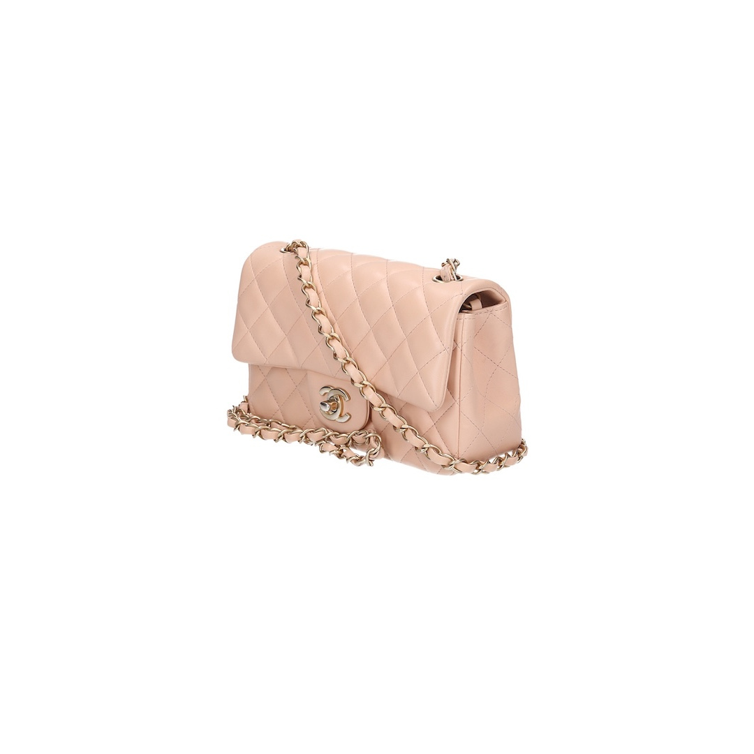 CHANEL TIMELESS SINGLE FLAP HANDTASCHE (NEW MINI) AUS LAMMLEDER IN BEIGE MIT GHW (A69900)