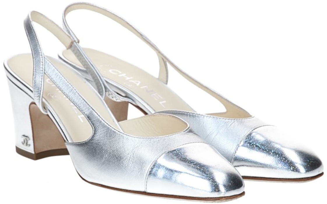 CHANEL SLINGPUMPS SCHUHE AUS LEDER IN SILBERN GR. 36 (A G311318)