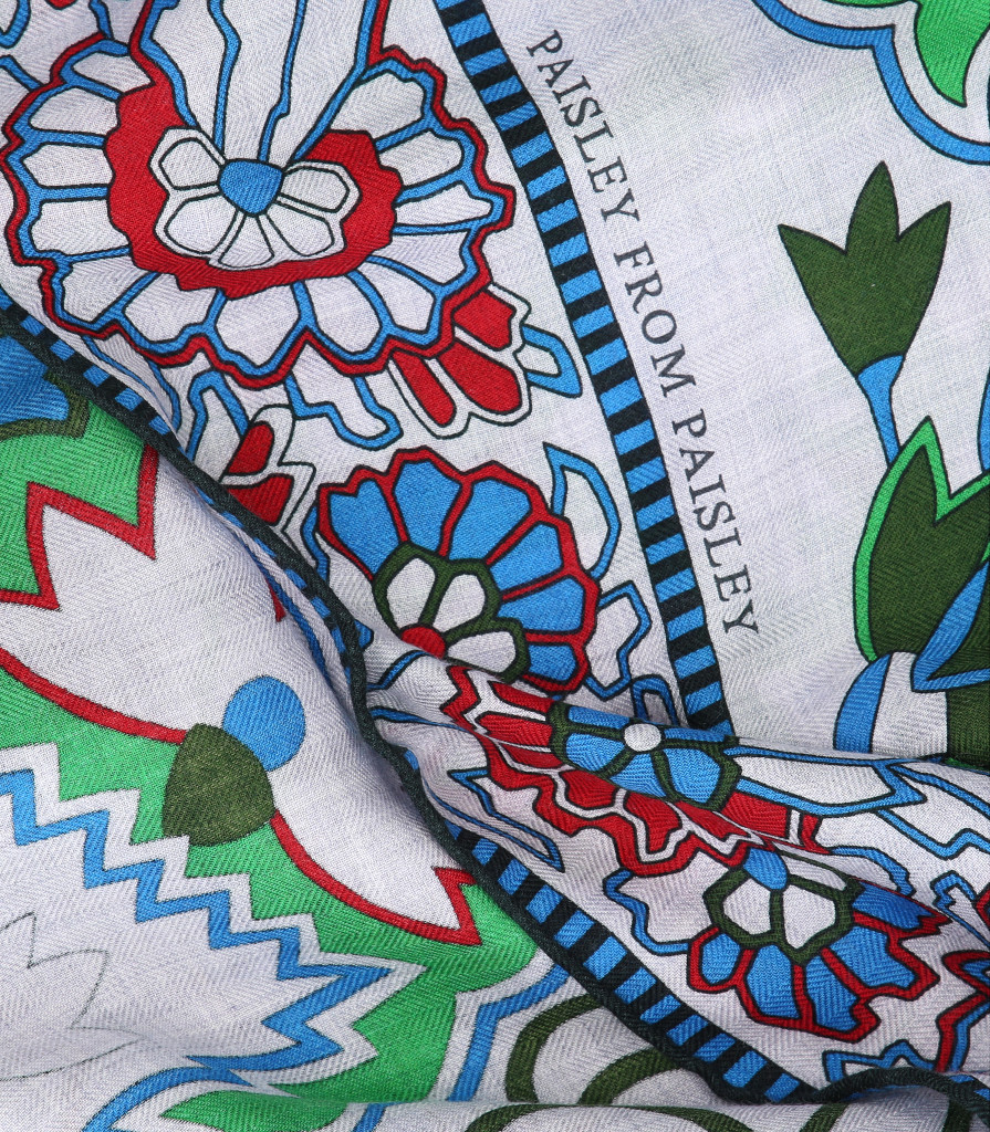 46250-Hermes-Tuch-VORNE_2D_0008 HERMÈS KASCHMIR-/SEIDENTUCH 140 x 140 CM CHALE 'PAISLEY FROM PAISLEY' IN GRIS CHINE, VERT UND ROUGE