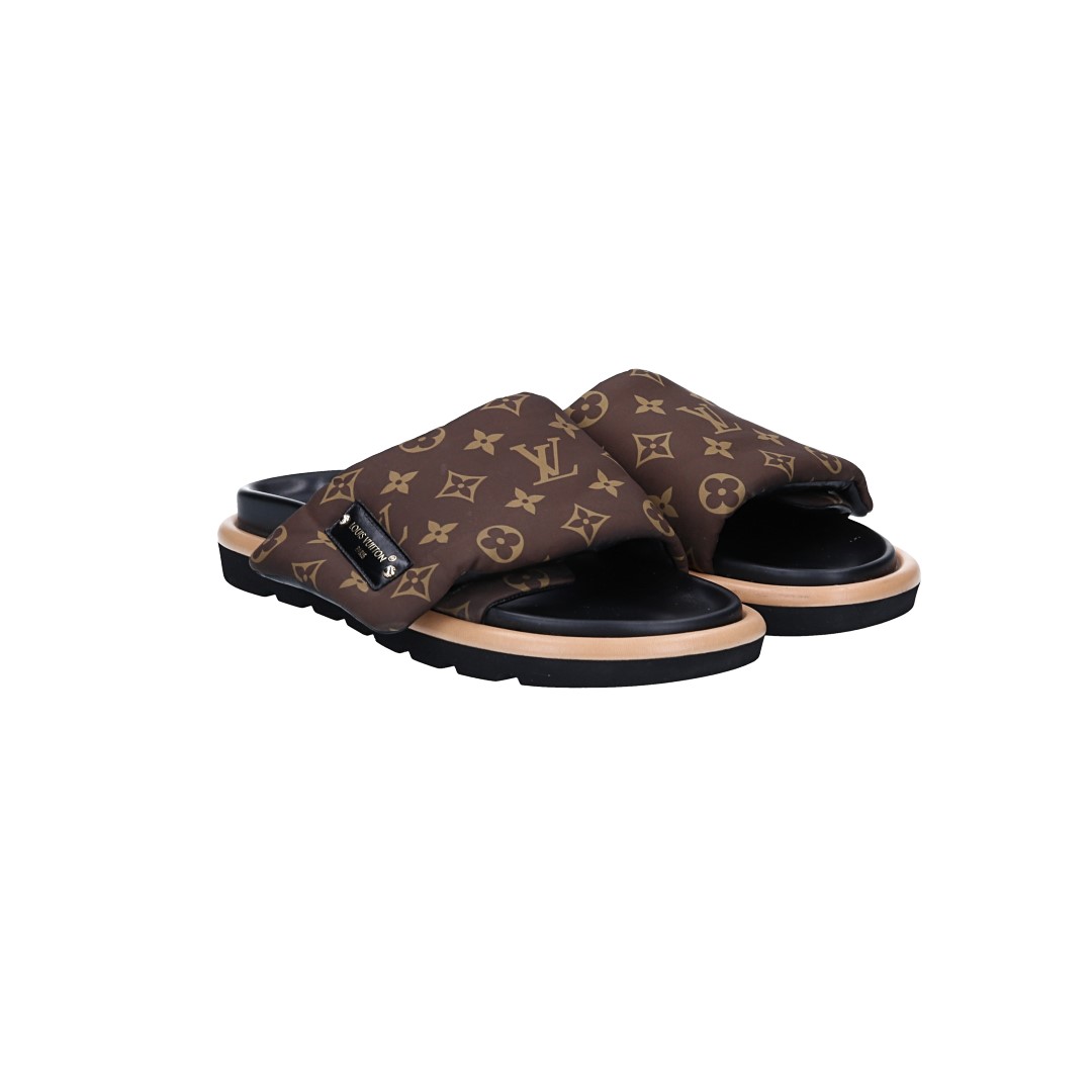LOUIS VUITTON PANTOLETTEN SCHUHE 'POOL PILLOW COMFORT' AUS MONOGRAM NYLON IN CACAO GR. 41 (1AAEC0)