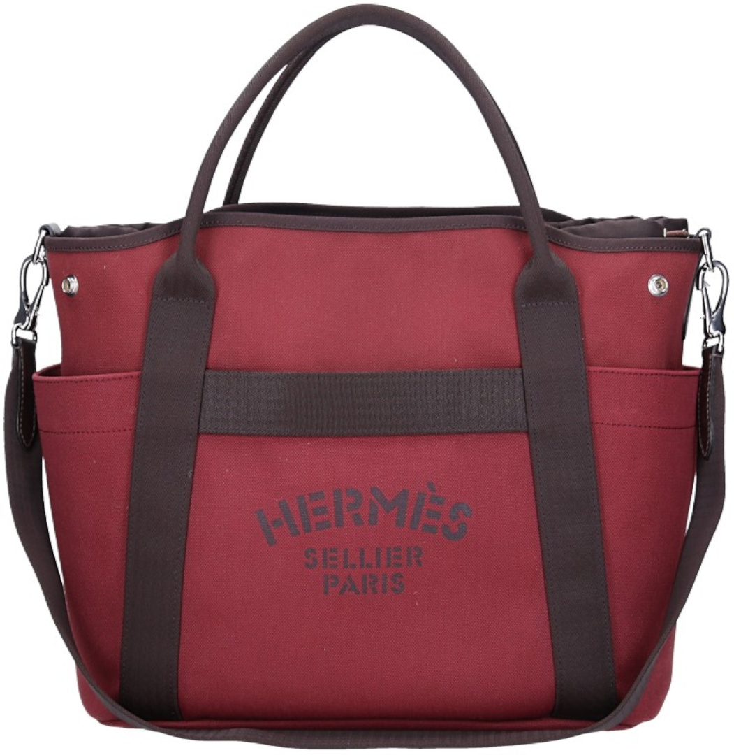 HERMÈS PUTZTASCHE GROOM AUS TOILE IN ROUGE H/CHOCOLAT UND SILBERFARBENEM EDELSTAHL