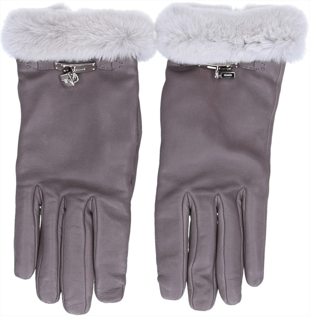 HERMÈS DAMEN-HANDSCHUHE AUS LAMMLEDER UND NERZ IN GRAU MIT PHW IN GR. 7,5