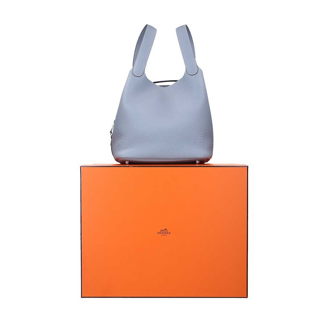 HERMÈS PICOTIN LOCK 22 HENKELTASCHE AUS TAURILLON CLEMENCE LEDER IN GRIS PANTIN MIT PHW