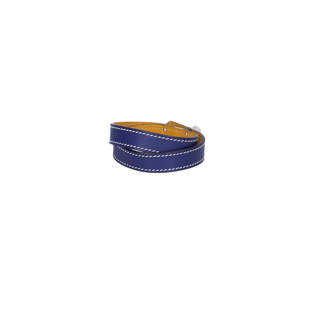 HERMÈS ARMBAND 'KELLY DOUBLE TOUR' AUS SWIFT-KALBSLEDER IN BLEU ENCRE/AMBRE MIT PHW GR. T3/M