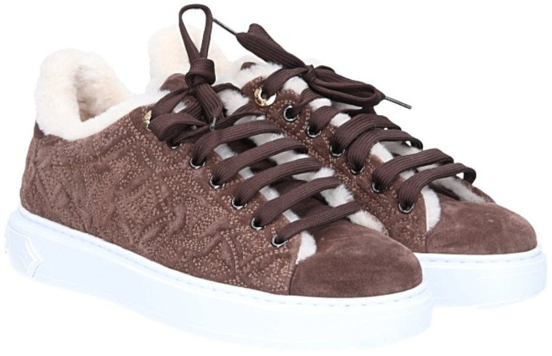 LOUIS VUITTON SNEAKER SCHUHE 'TIME OUT' AUS VELOURS-KALBSLEDER UND LAMMFELL IN BRAUN GR. 39,5