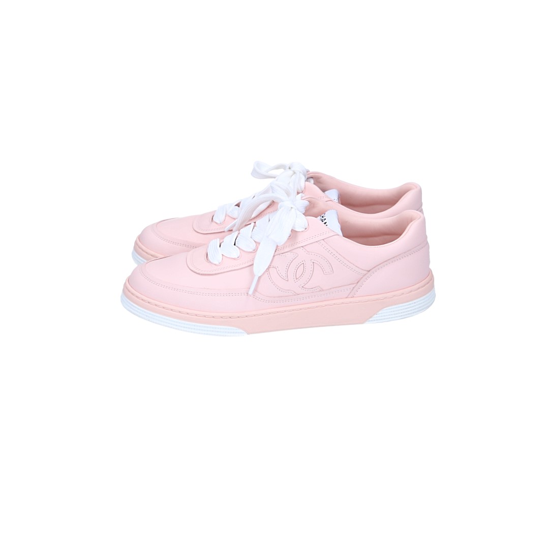 CHANEL SNEAKER SCHUHE AUS SUEDE LEDER IN ROSA UND WEISS GR. 38 (L G39978)