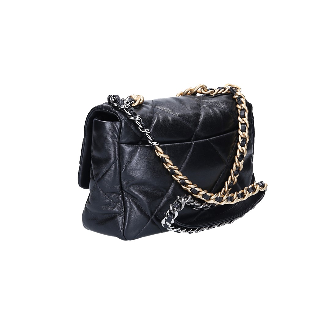 CHANEL 19 GROßE PATTENTASCHE HANDTASCHE AUS LAMMLEDER IN SCHWARZ (AS1161)