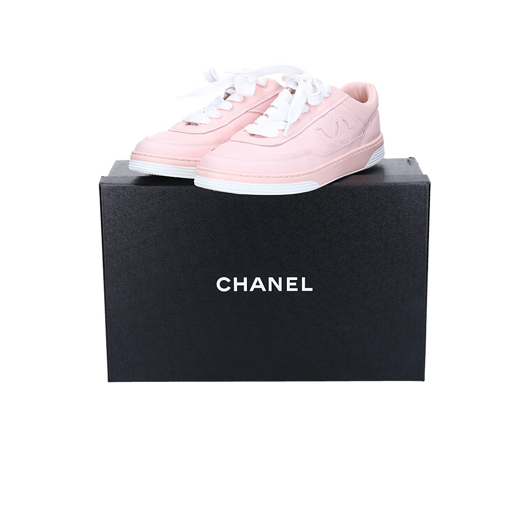 CHANEL SNEAKER SCHUHE AUS SUEDE LEDER IN ROSA UND WEISS GR. 38 (L G39978)