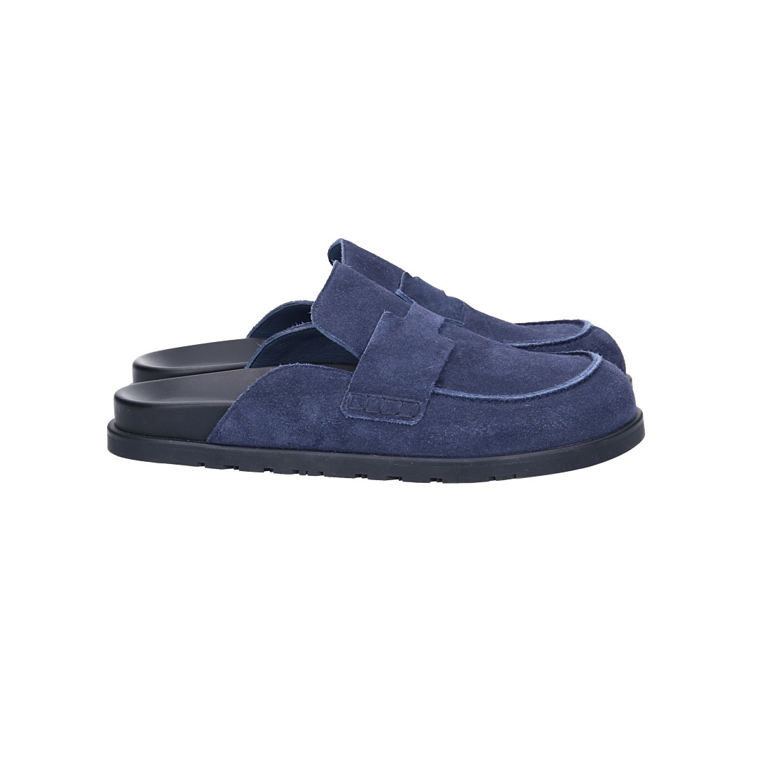 HERMÈS PANTOLETTEN SCHUHE 'GO' AUS VELOURSKALBSLEDER IN BLEU MARINE IN GR. 42,5