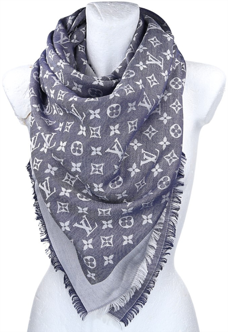 LOUIS VUITTON TUCH 'MONOGRAM DENIM' AUS SEIDE-WOLLE-MIX IN BLAU (M71376)