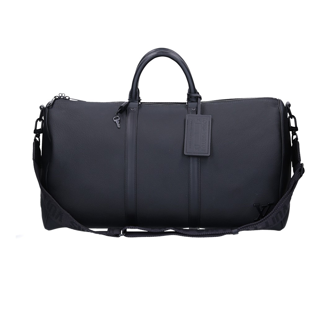 Louis Vuitton Keepall 50 Travel Bag in Monogram Denim with Leather Trim and Shoulder Straps (M45975)