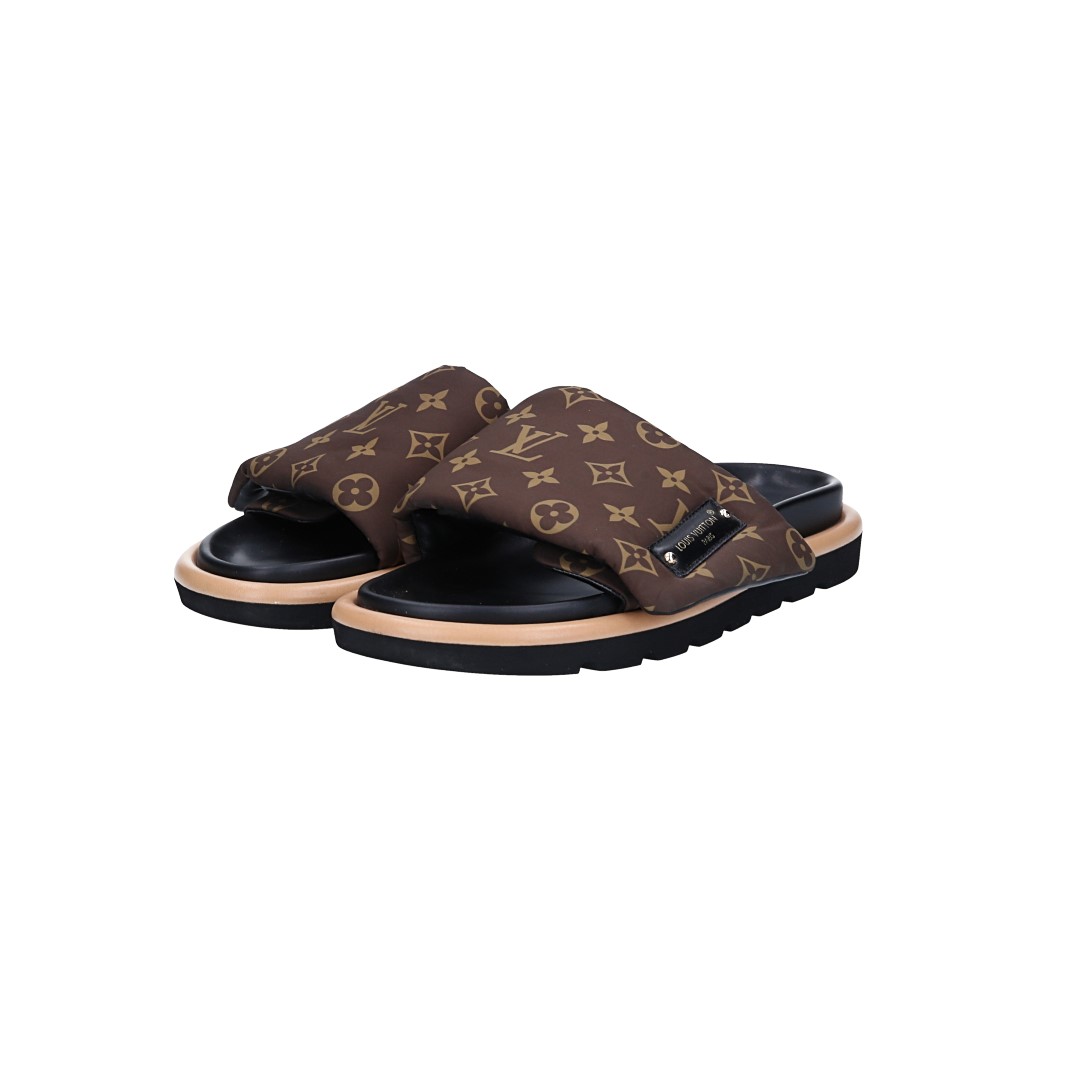 LOUIS VUITTON PANTOLETTEN SCHUHE 'POOL PILLOW COMFORT' AUS MONOGRAM NYLON IN CACAO GR. 41 (1AAEC0)