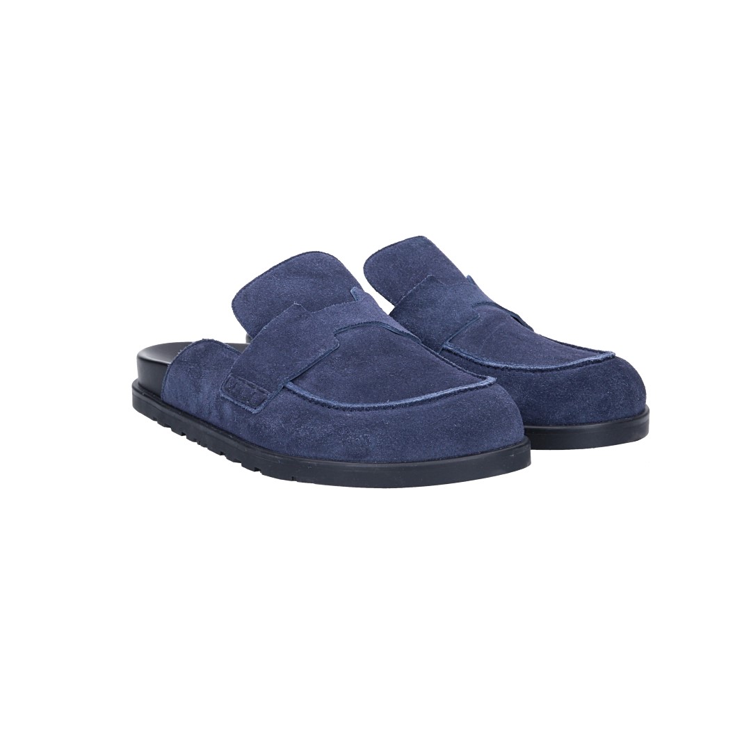HERMÈS PANTOLETTEN SCHUHE 'GO' AUS VELOURSKALBSLEDER IN BLEU MARINE IN GR. 42,5