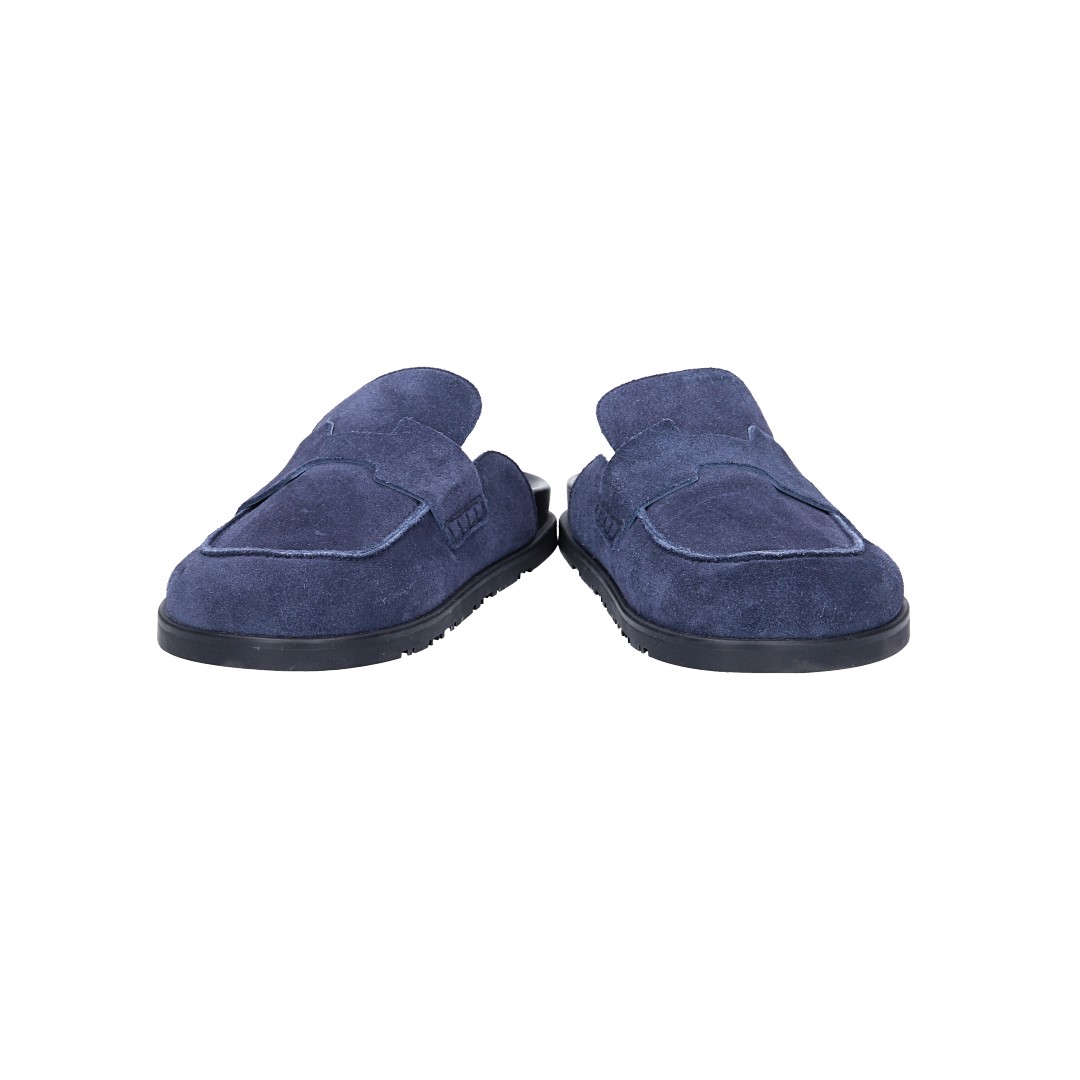 HERMÈS PANTOLETTEN SCHUHE 'GO' AUS VELOURSKALBSLEDER IN BLEU MARINE IN GR. 42,5