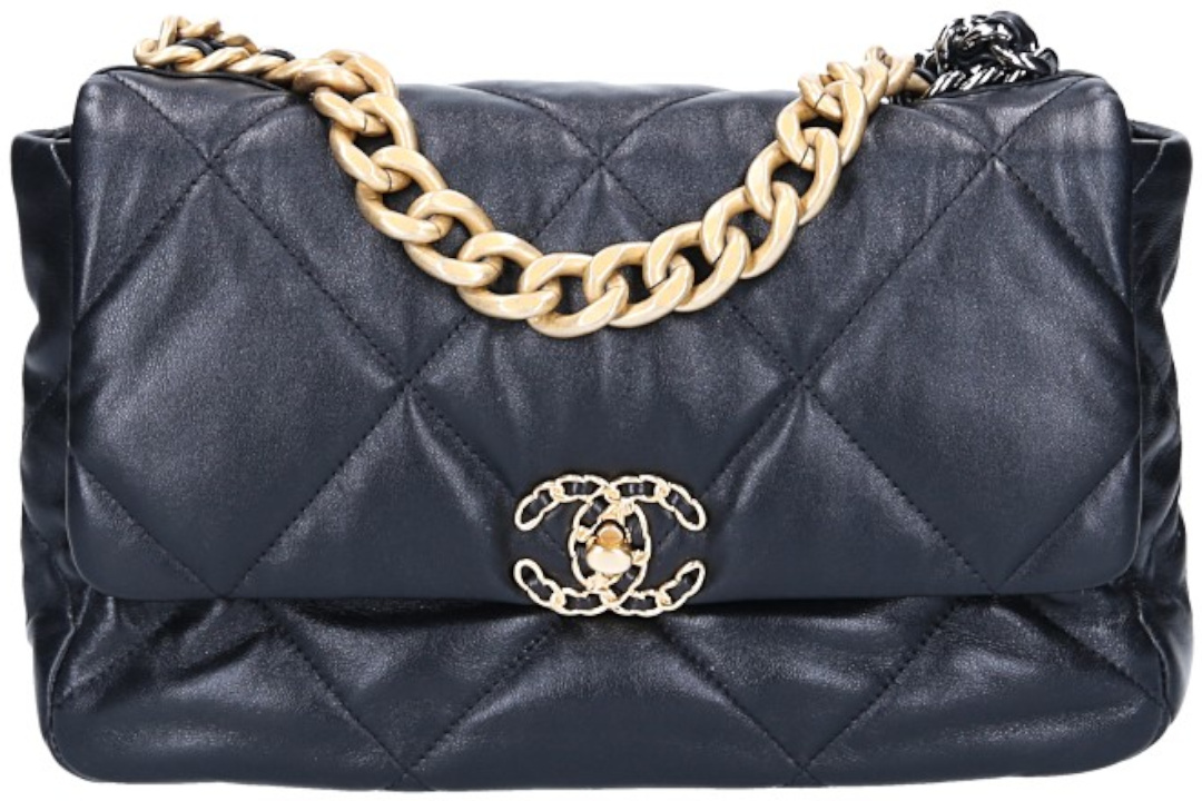 CHANEL 19 GROßE PATTENTASCHE HANDTASCHE AUS LAMMLEDER IN SCHWARZ (AS1161)