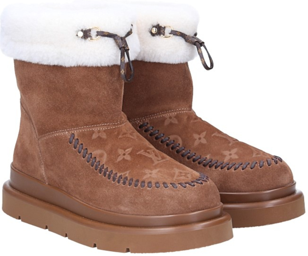 LOUIS VUITTON STIEFEL 'CORTINA ANKLE BOOT' AUS LAMMFELL UND VELOURS-KALBSLEDER IN BRAUN GR. 38,5