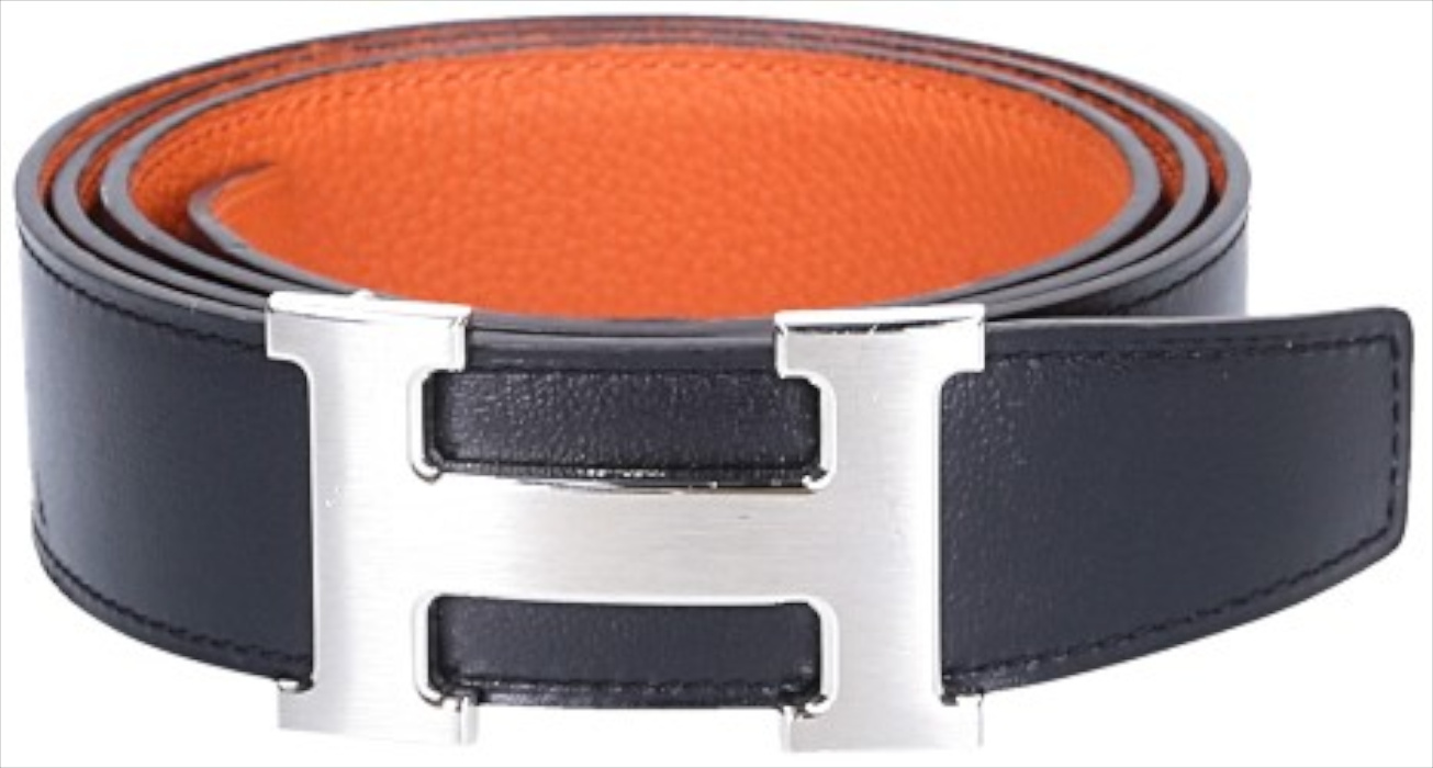HERMÈS GÜRTELSCHLIEßE H GRIS MOYEN & WENDBARER LEDERRIEMEN 32 MM AUS BOX-/TOGO KALBSLEDER IN NOIR /ORANGE GRÖßE 95