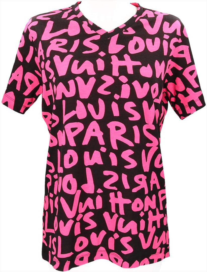 36250-Louis-Vuitton-T-Shirt_2D_0009 LOUIS VUITTON T-SHIRT MIT V-AUSSCHNITT AUS MODAL UND BAUMWOLLE IN SCHWARZ UND PINK