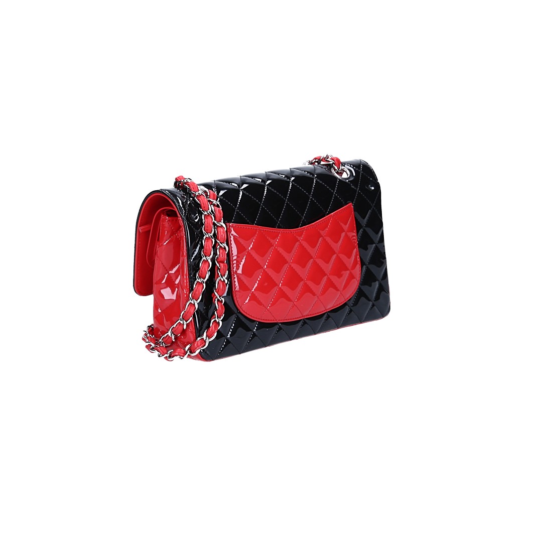 CHANEL TIMELESS DOUBLE FLAP HANDTASCHE (MEDIUM) AUS LACKLEDER IN SCHWARZ/ROT MIT SHW (A01112)