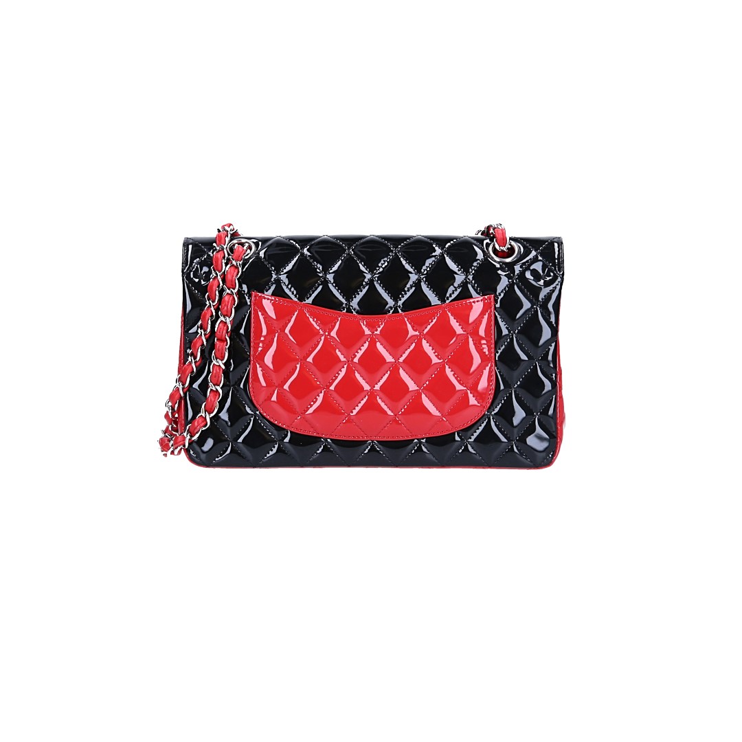 CHANEL TIMELESS DOUBLE FLAP HANDTASCHE (MEDIUM) AUS LACKLEDER IN SCHWARZ/ROT MIT SHW (A01112)