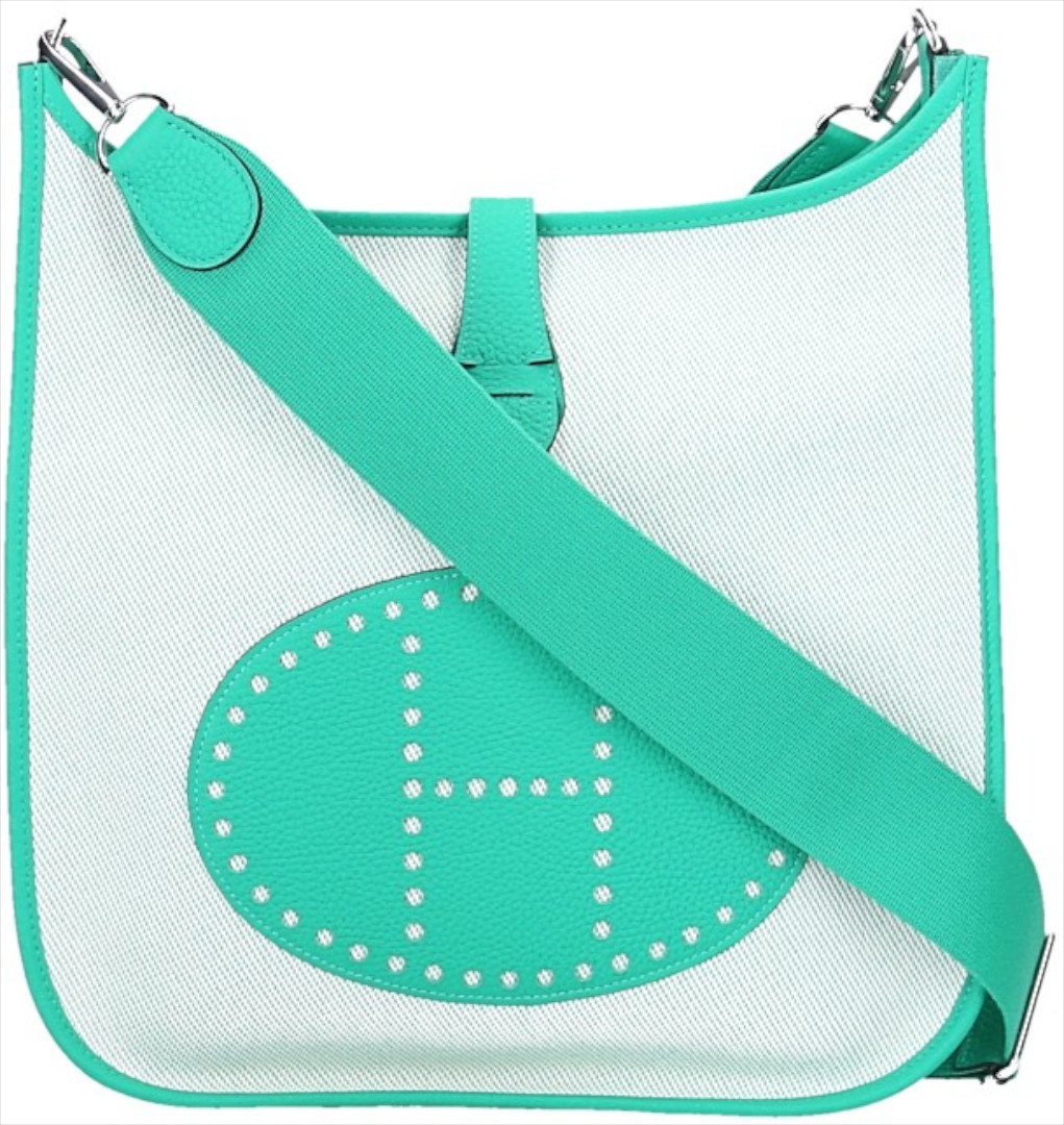 HERMÈS ÉVELYNE III 33 HANDTASCHE AUS TWILL H/CLÉMENCE LEDER IN ÉCRU/MENTHE MIT PHW