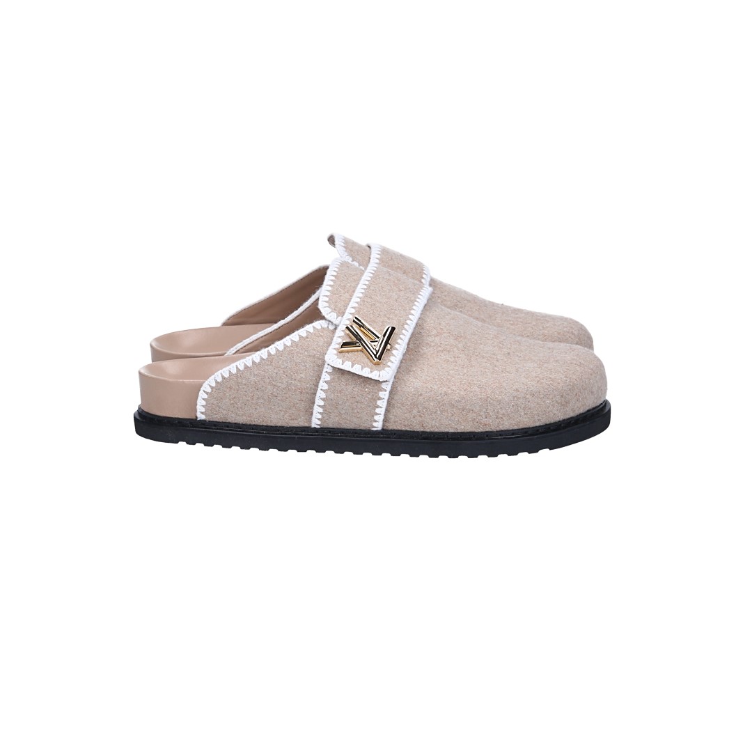 LOUIS VUITTON PANTOLETTEN SCHUHE 'LV COSY FLAT COMFORT CLOG' AUS WOLLE IN BEIGE GR. 42
