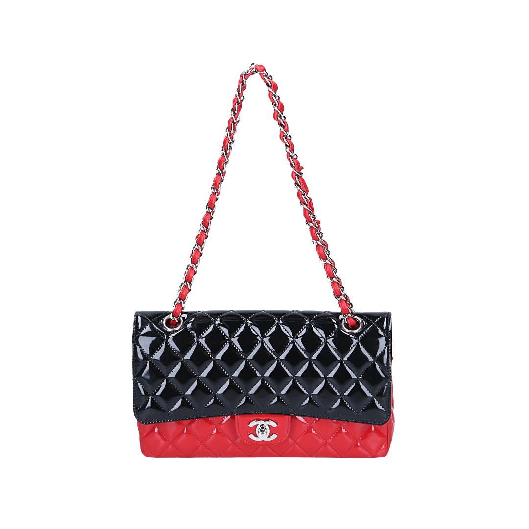 CHANEL TIMELESS DOUBLE FLAP HANDTASCHE (MEDIUM) AUS LACKLEDER IN SCHWARZ/ROT MIT SHW (A01112)