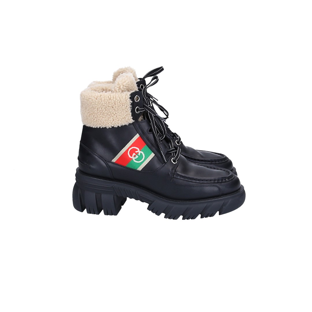 GUCCI GEFÜTTERTE SCHNÜR-BOOTS STIEFELETTE AUS LEDER IN SCHWARZ GR. 41