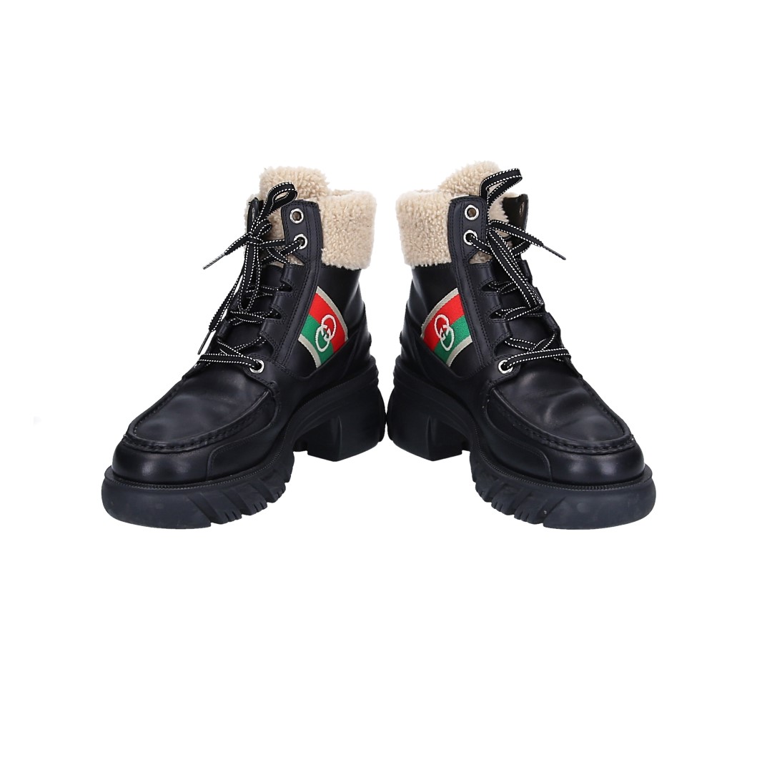 GUCCI GEFÜTTERTE SCHNÜR-BOOTS STIEFELETTE AUS LEDER IN SCHWARZ GR. 41