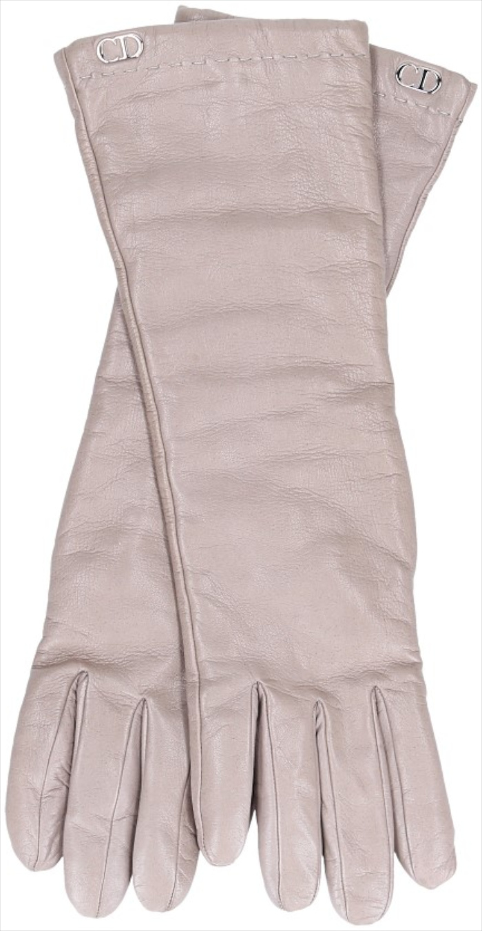 DIOR DAMEN-HANDSCHUHE AUS LEDER IN GRAU MIT SILBERFARBENEM METALL-ELEMENT IN GR. 7,5