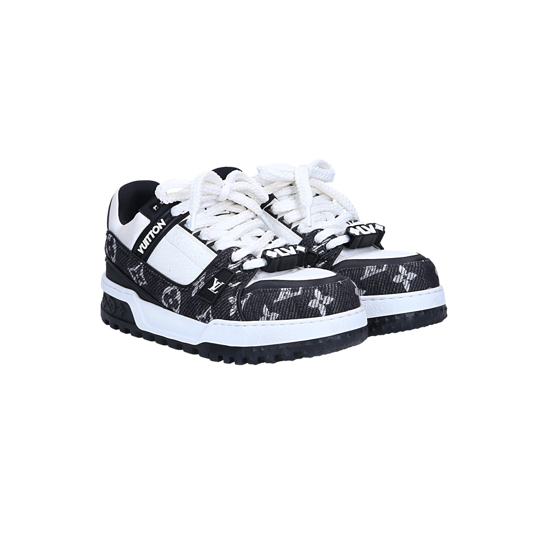 LOUIS VUITTON SNEAKER SCHUHE 'LV TRAINER MAXI' AUS KALBSLEDER UND MONOGRAM DENIM IN SCHWARZ GR. 40 (1AGZBP)