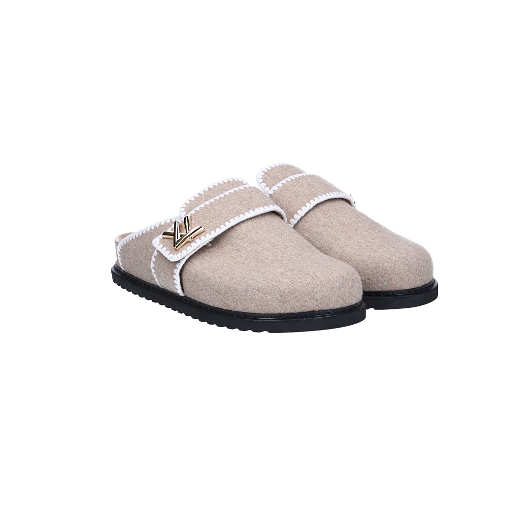 LOUIS VUITTON PANTOLETTEN SCHUHE 'LV COSY FLAT COMFORT CLOG' AUS WOLLE IN BEIGE GR. 42