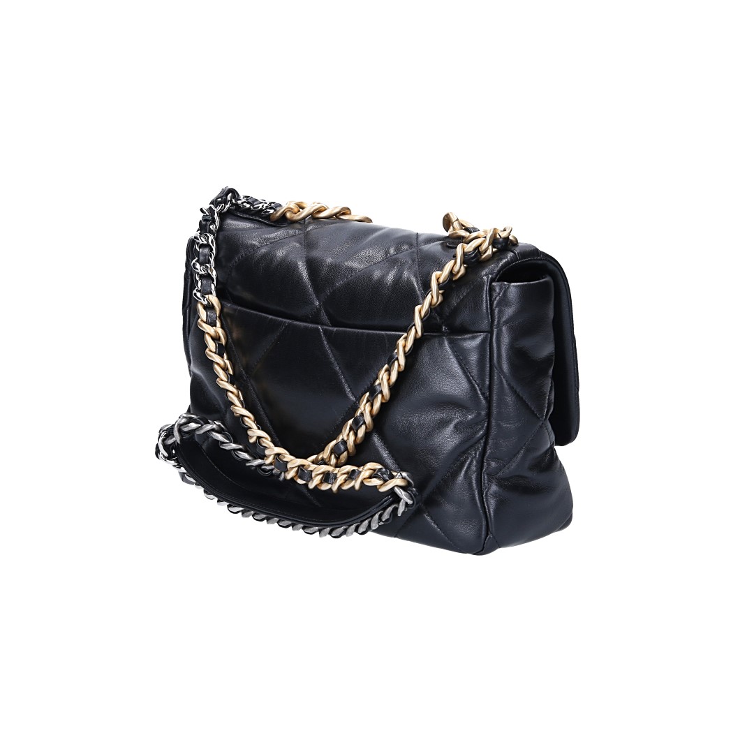 CHANEL 19 GROßE PATTENTASCHE HANDTASCHE AUS LAMMLEDER IN SCHWARZ (AS1161)